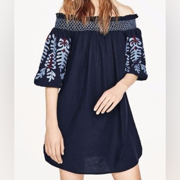 Zara Blumenmuster Embroidered Off Shoulder Tunic Dress Flower Embroidery Size S - Picture 1 of 15